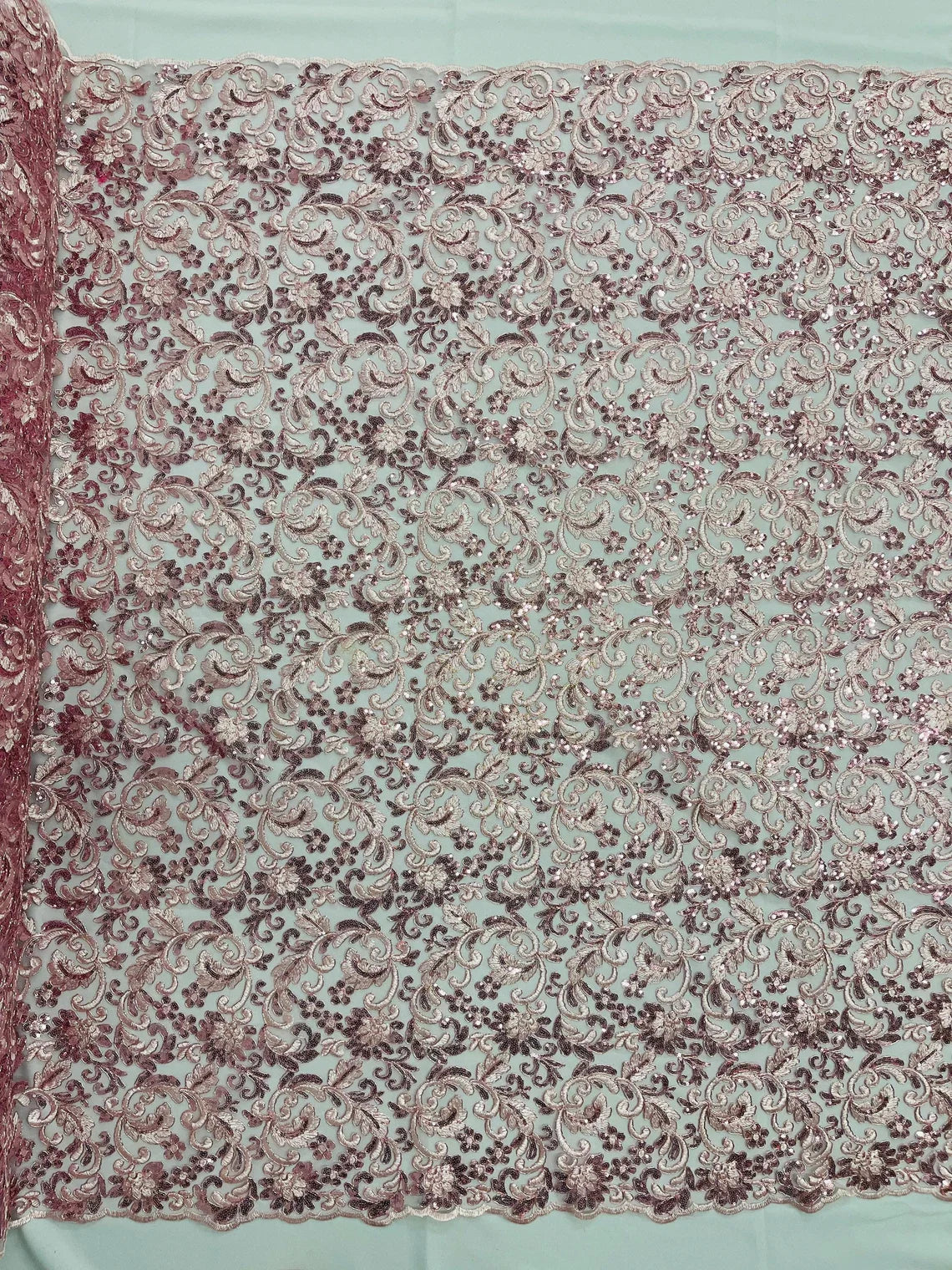 Metallic Floral Lace Fabric - Pink - Embroidered Sequins Floral Design Sold By Yard