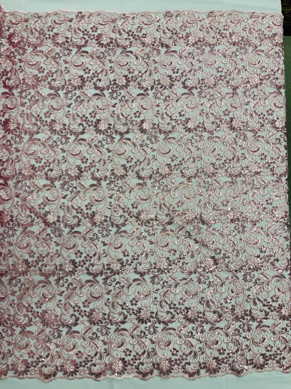 Metallic Floral Lace Fabric - Pink - Embroidered Sequins Floral Design Sold By Yard