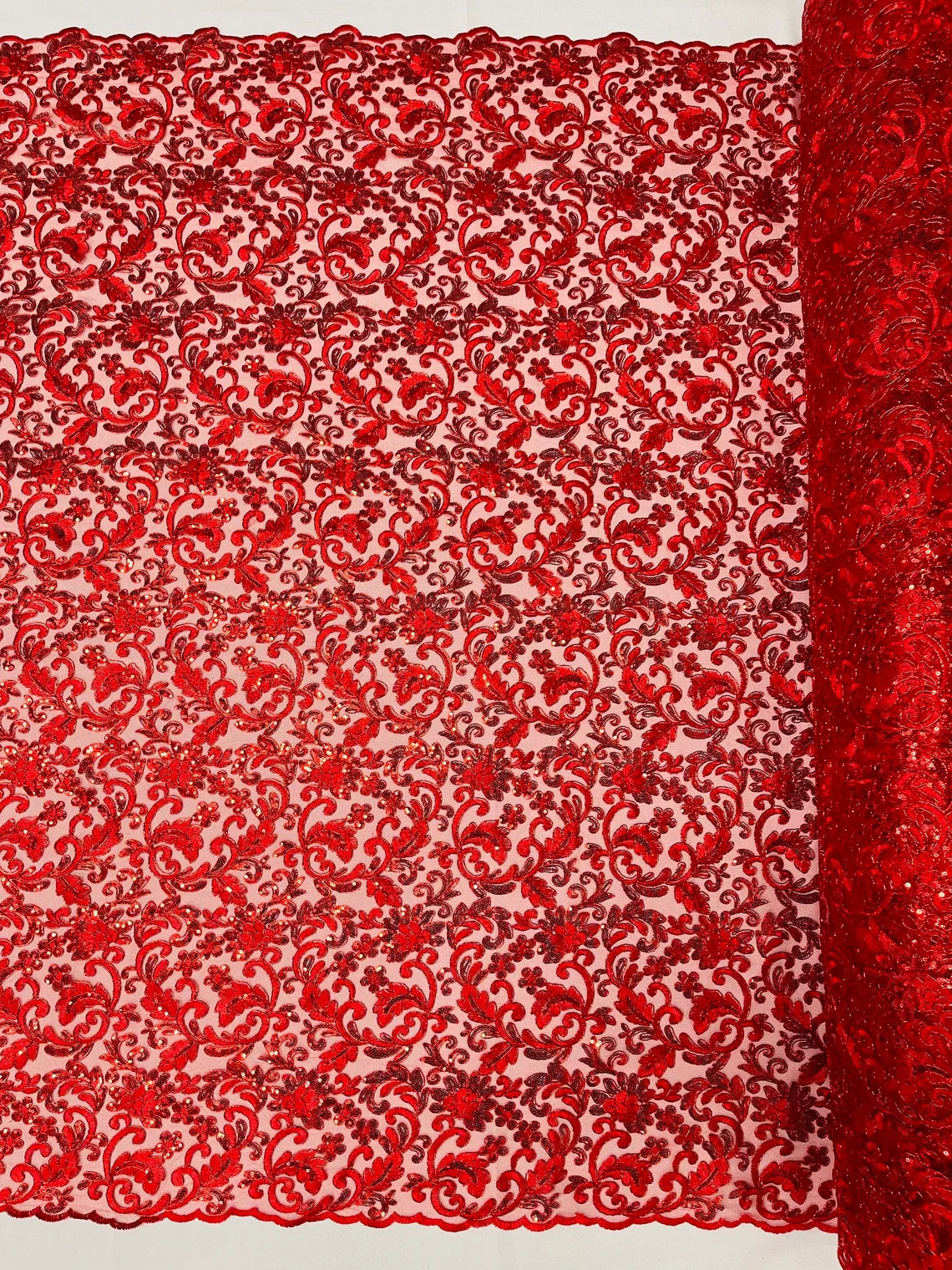 Metallic Floral Lace Fabric - Red - Embroidered Sequins Floral Design Sold By Yard