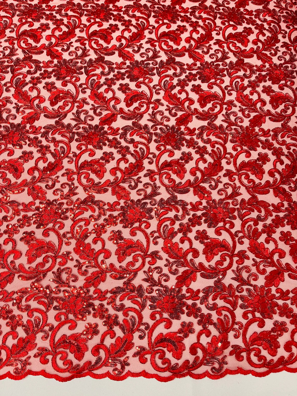 Metallic Floral Lace Fabric - Red - Embroidered Sequins Floral Design Sold By Yard