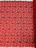 Metallic Floral Lace Fabric - Red - Embroidered Sequins Floral Design Sold By Yard