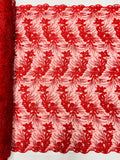 Floral Plant Cluster Fabric - Red - Embroidered High Quality Lace Fabric Sold by Yard