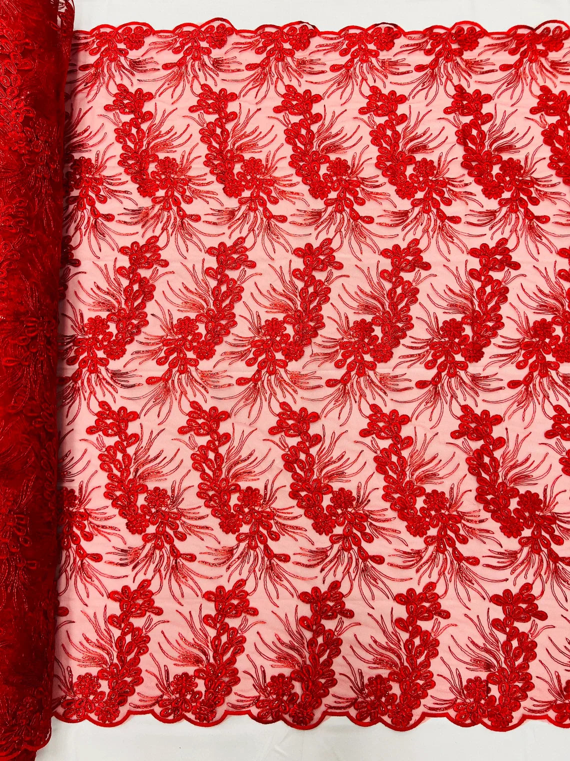 Floral Plant Cluster Fabric - Red - Embroidered High Quality Lace Fabric Sold by Yard