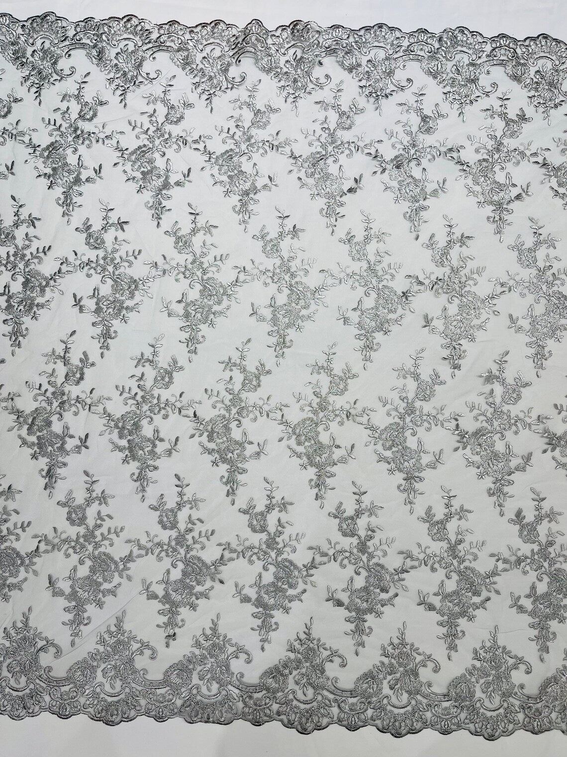 Floral Plant Lace Fabric - Metallic Silver - Embroidery Flower Small Leaf Design Lace Fabric Sold By Yard