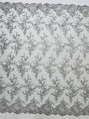 Floral Plant Lace Fabric - Metallic Silver - Embroidery Flower Small Leaf Design Lace Fabric Sold By Yard