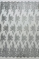 Long Leaf Designs Lace Fabric - Metallic Silver - Embroidered Braid Leaf Pattern on Lace Mesh Fabric By Yard