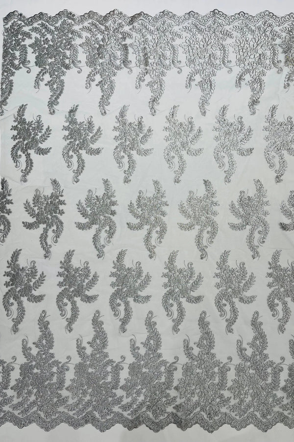 Long Leaf Designs Lace Fabric - Metallic Silver - Embroidered Braid Leaf Pattern on Lace Mesh Fabric By Yard