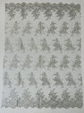 Floral Plant Lace Fabric - Metallic Silver - Flower Plant Design Lace Sequins Fabric Sold By Yard