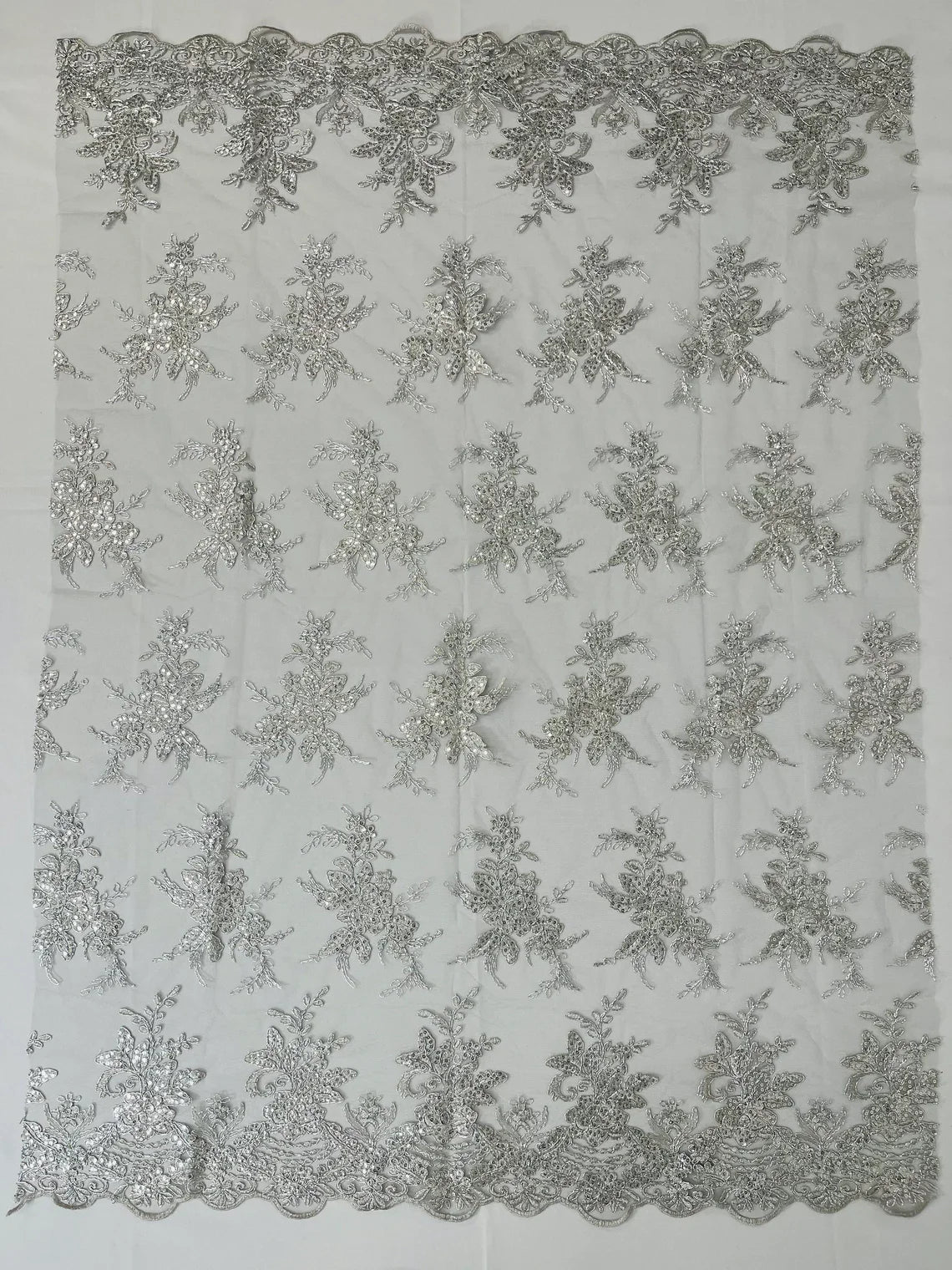 Floral Plant Lace Fabric - Metallic Silver - Flower Plant Design Lace Sequins Fabric Sold By Yard