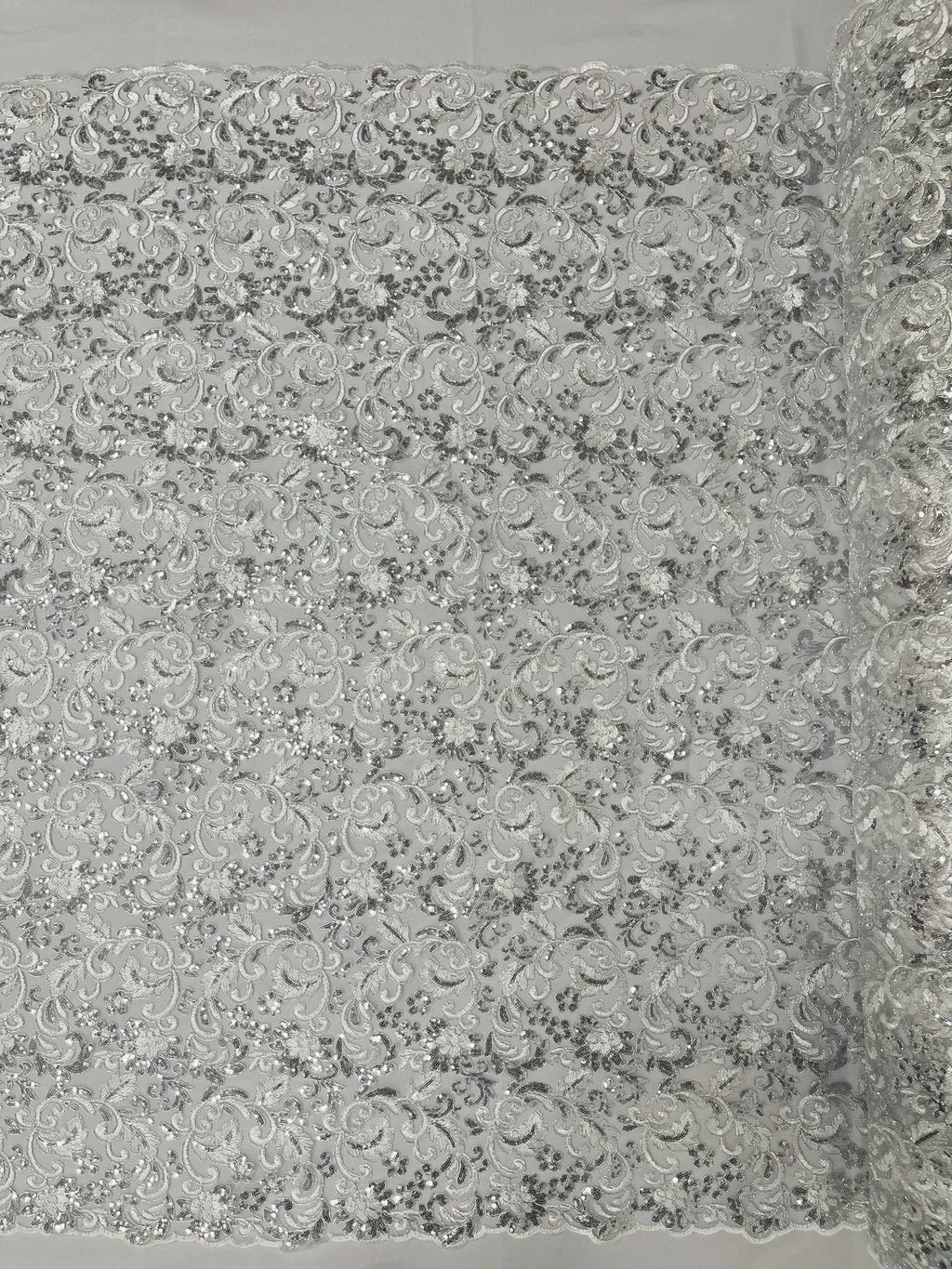 Metallic Floral Lace Fabric - Silver - Embroidered Sequins Floral Design Sold By Yard