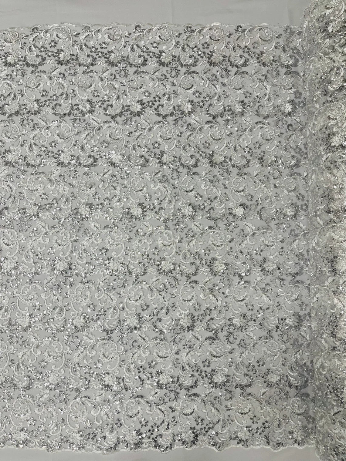 Metallic Floral Lace Fabric - Silver - Embroidered Sequins Floral Design Sold By Yard