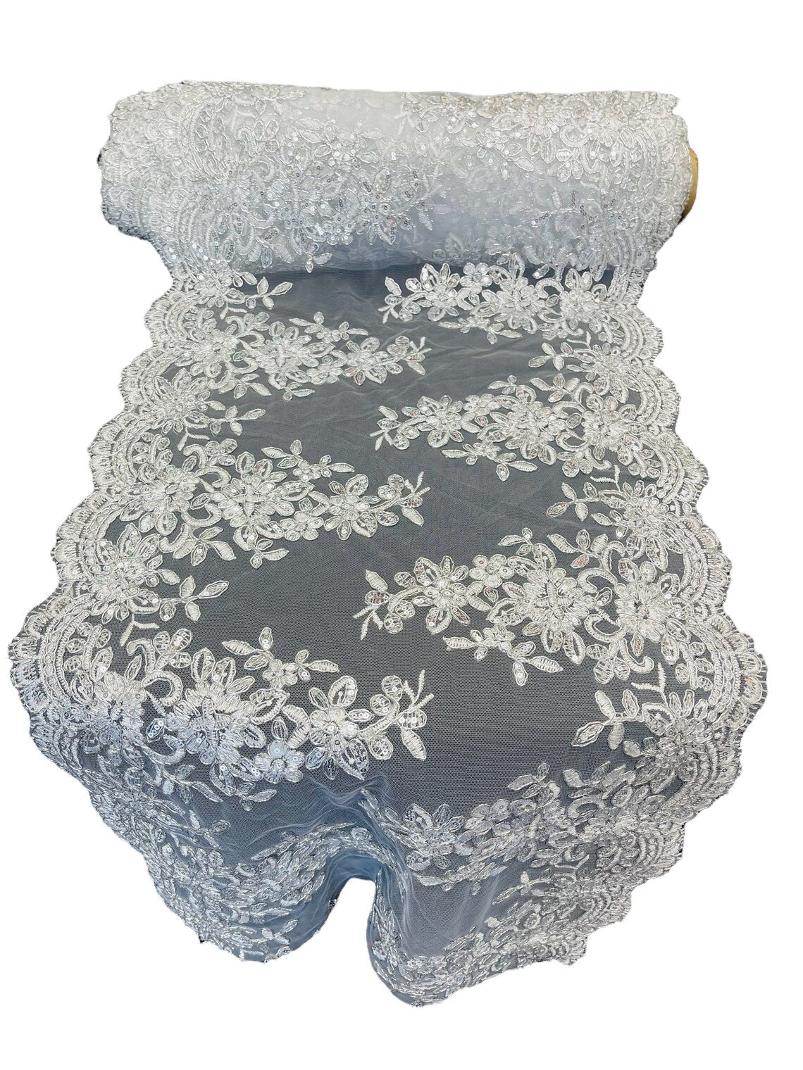 Flower Cluster Lace Sequins Table Runner - Metallic Silver - Floral Lace Table Runner Sold By Yard