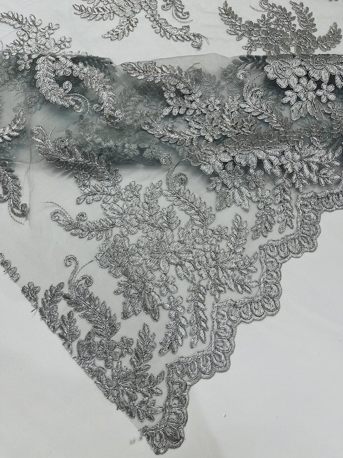 Long Leaf Designs Lace Fabric - Metallic Silver - Embroidered Braid Leaf Pattern on Lace Mesh Fabric By Yard