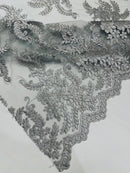 Long Leaf Designs Lace Fabric - Metallic Silver - Embroidered Braid Leaf Pattern on Lace Mesh Fabric By Yard