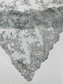 Floral Plant Lace Fabric - Metallic Silver - Embroidery Flower Small Leaf Design Lace Fabric Sold By Yard