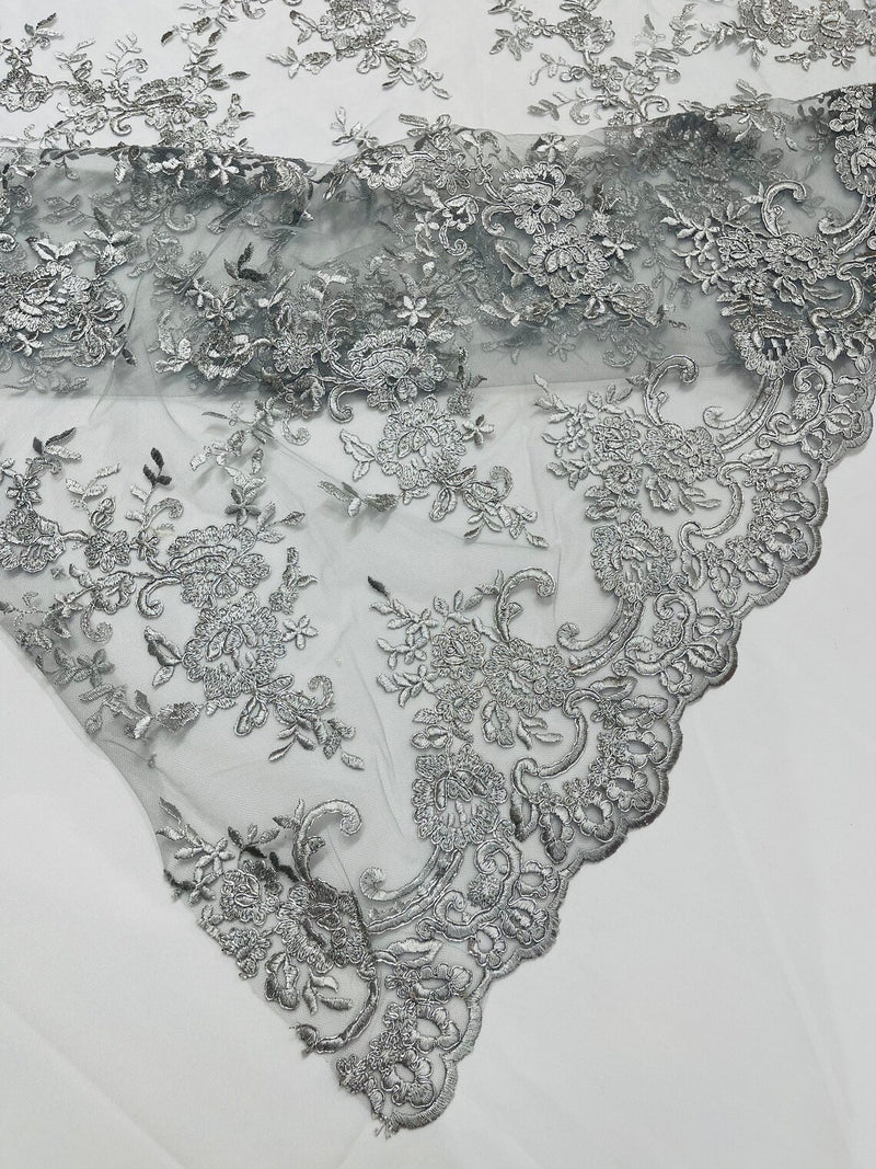 Floral Plant Lace Fabric - Metallic Silver - Embroidery Flower Small Leaf Design Lace Fabric Sold By Yard