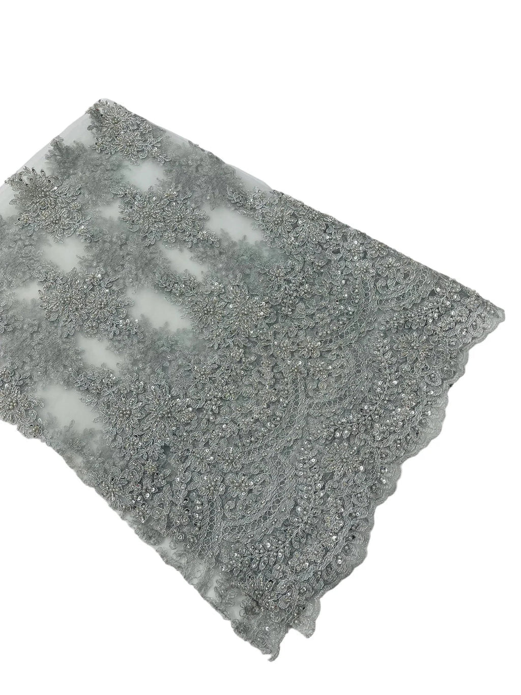 Beaded Flower Cluster Fabric - Metallic Silver - Embroidered Beaded Fancy Border Floral Fabric Sold By Yard