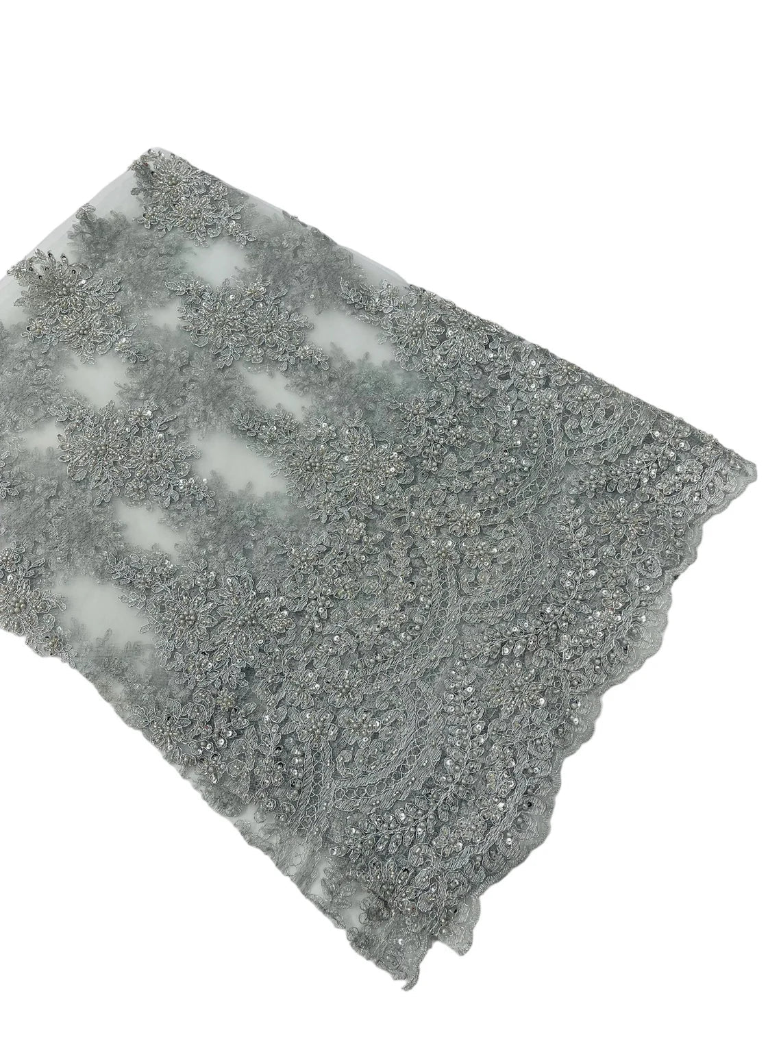 Beaded Flower Cluster Fabric - Metallic Silver - Embroidered Beaded Fancy Border Floral Fabric Sold By Yard