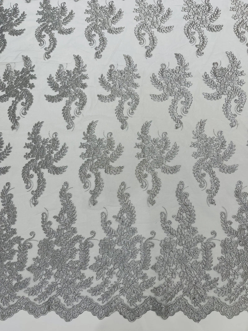 Long Leaf Designs Lace Fabric - Metallic Silver - Embroidered Braid Leaf Pattern on Lace Mesh Fabric By Yard