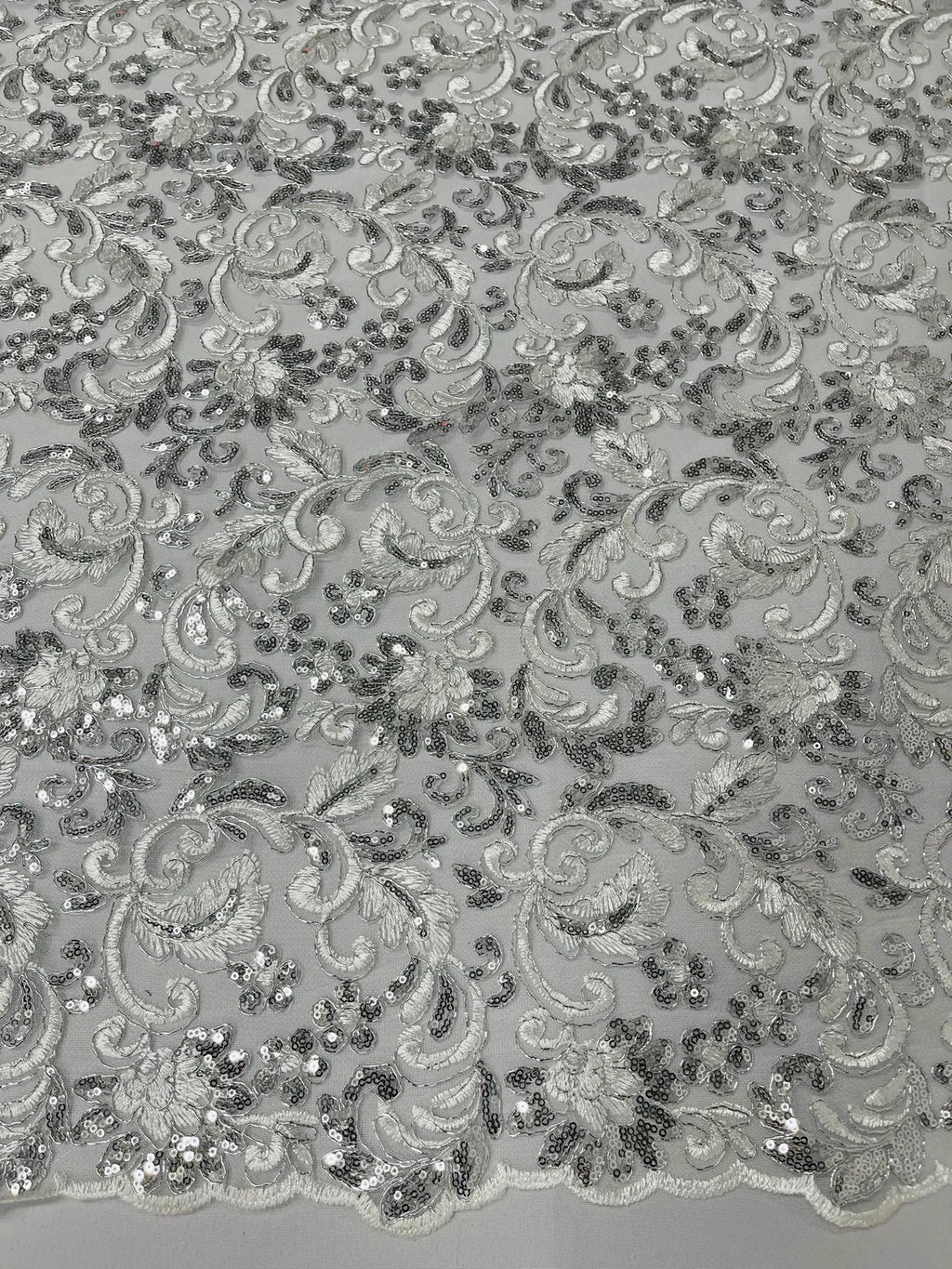 Metallic Floral Lace Fabric - Silver - Embroidered Sequins Floral Design Sold By Yard