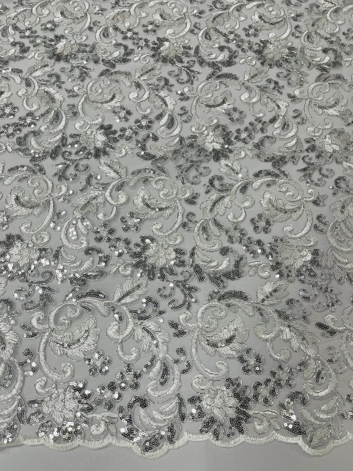Metallic Floral Lace Fabric - Silver - Embroidered Sequins Floral Design Sold By Yard