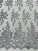 Long Leaf Designs Lace Fabric - Metallic Silver - Embroidered Braid Leaf Pattern on Lace Mesh Fabric By Yard
