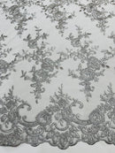 Floral Plant Lace Fabric - Metallic Silver - Embroidery Flower Small Leaf Design Lace Fabric Sold By Yard