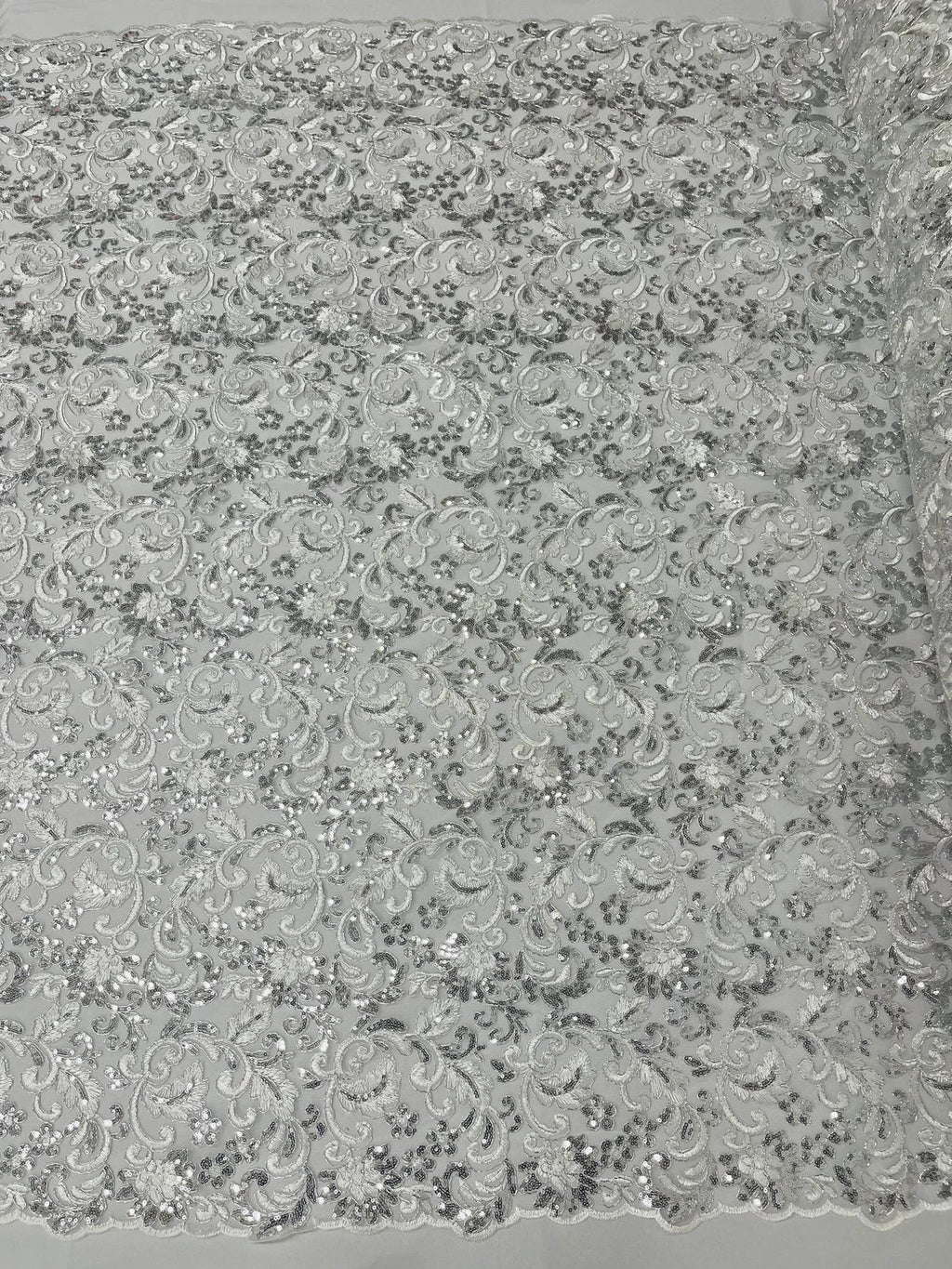 Metallic Floral Lace Fabric - Silver - Embroidered Sequins Floral Design Sold By Yard