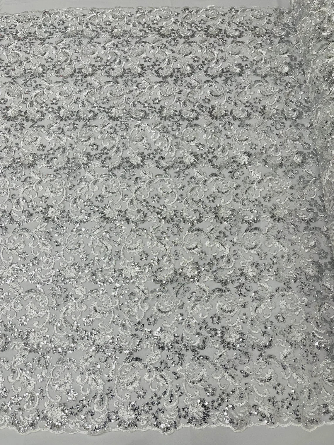 Metallic Floral Lace Fabric - Silver - Embroidered Sequins Floral Design Sold By Yard