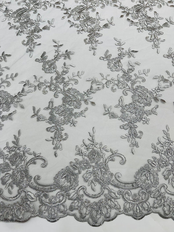 Floral Plant Lace Fabric - Metallic Silver - Embroidery Flower Small Leaf Design Lace Fabric Sold By Yard