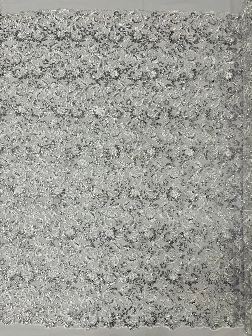 Metallic Floral Lace Fabric - Silver - Embroidered Sequins Floral Design Sold By Yard