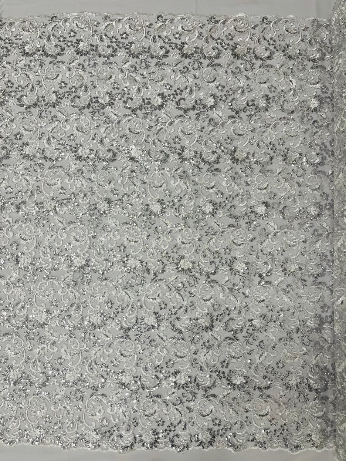 Metallic Floral Lace Fabric - Silver - Embroidered Sequins Floral Design Sold By Yard