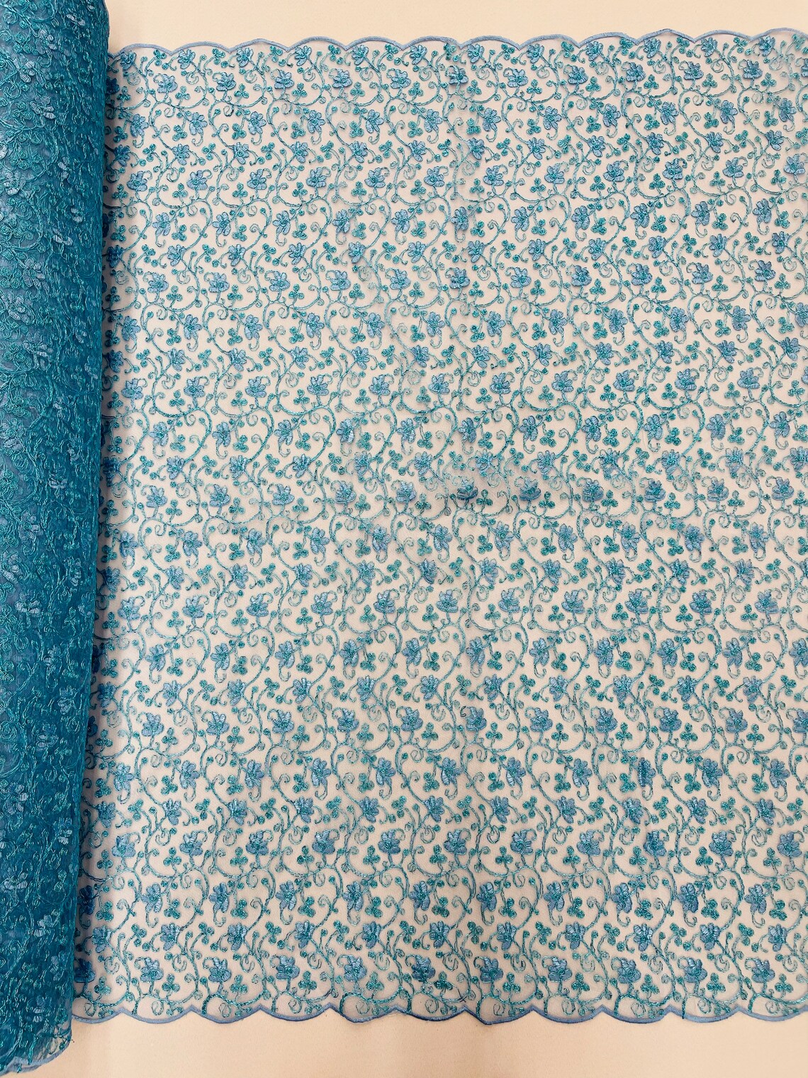 Metallic Floral Lace Fabric - Turquoise - Embroidered  Flower Design on Lace Mesh Fabric By Yard