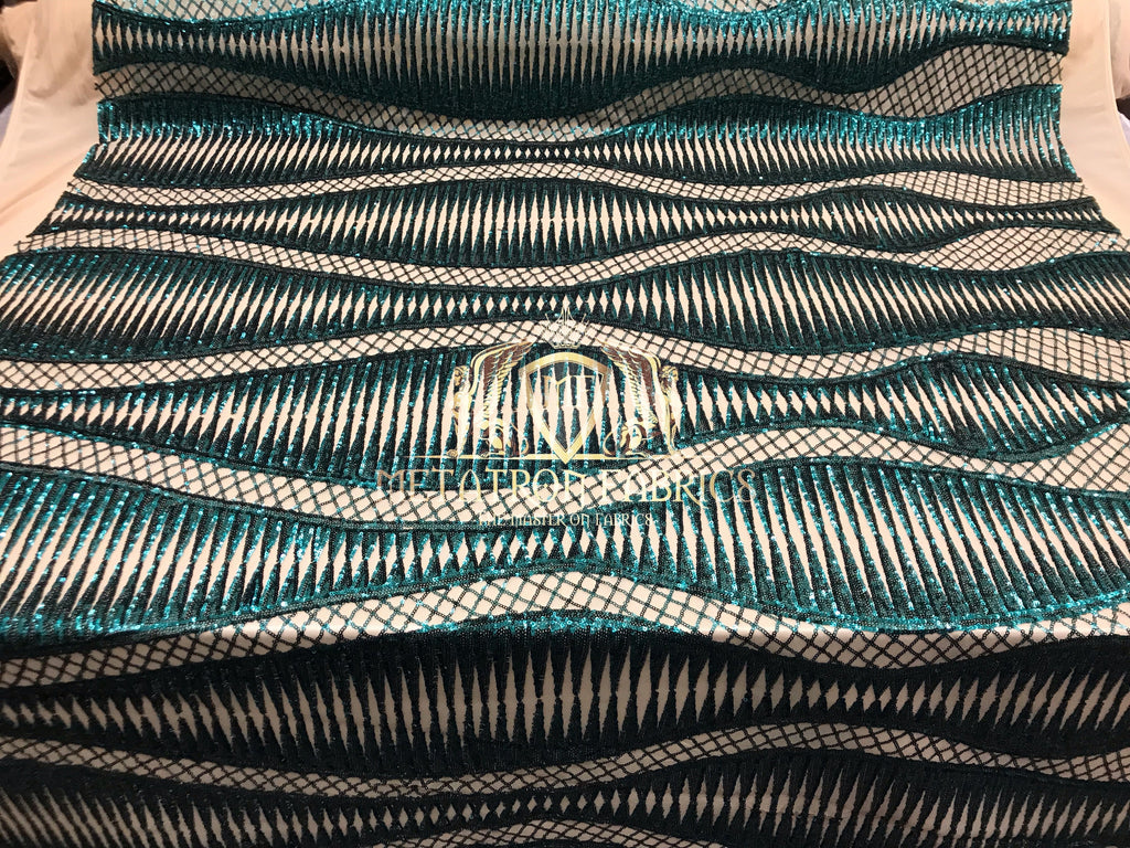 4 Way Stretch - Teal  - Horizontal Line Design Sequins On Stretch Mesh By The Yard