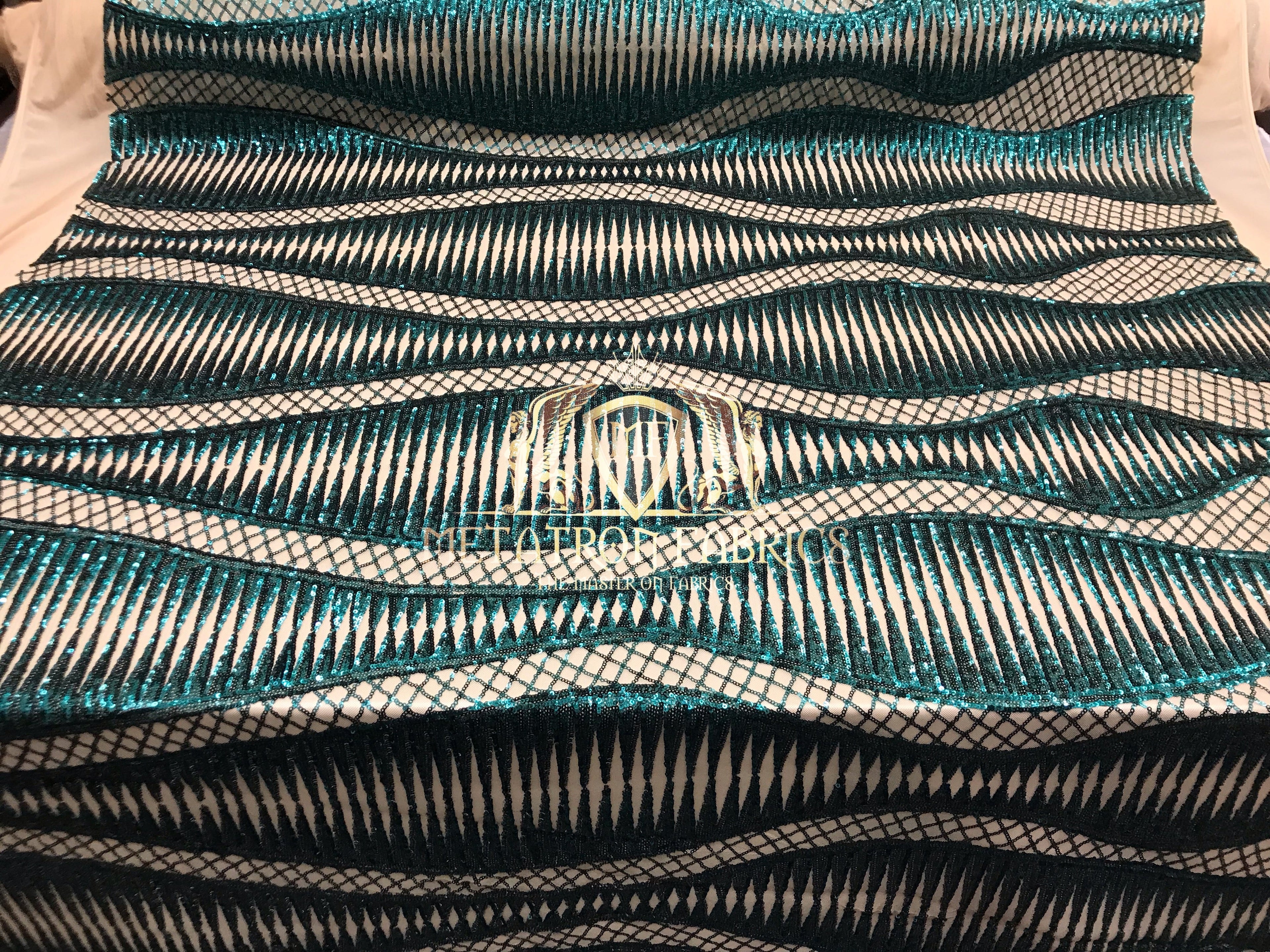 4 Way Stretch - Teal  - Horizontal Line Design Sequins On Stretch Mesh By The Yard