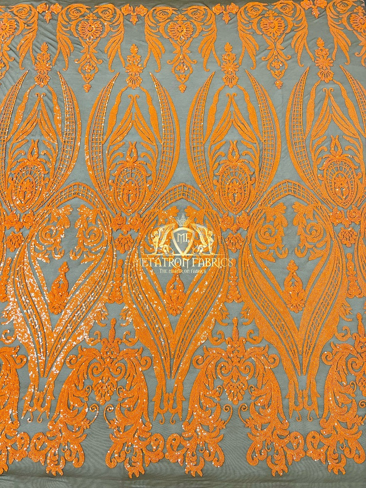 Big Damask Sequins Fabric - Orange on Coffee Mesh - 4 Way Stretch Damask Sequins Design Fabric By Yardhh