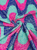 Wavy Line Velvet Sequins - Mint/Royal/ Fuchsia - 2 Way Stretch Fabric 58/60” By Yard