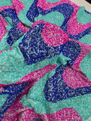 Wavy Line Velvet Sequins - Mint/Royal/ Fuchsia - 2 Way Stretch Fabric 58/60” By Yard