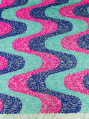 Wavy Line Velvet Sequins - Mint/Royal/ Fuchsia - 2 Way Stretch Fabric 58/60” By Yard
