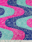 Wavy Line Velvet Sequins - Mint/Royal/ Fuchsia - 2 Way Stretch Fabric 58/60” By Yard