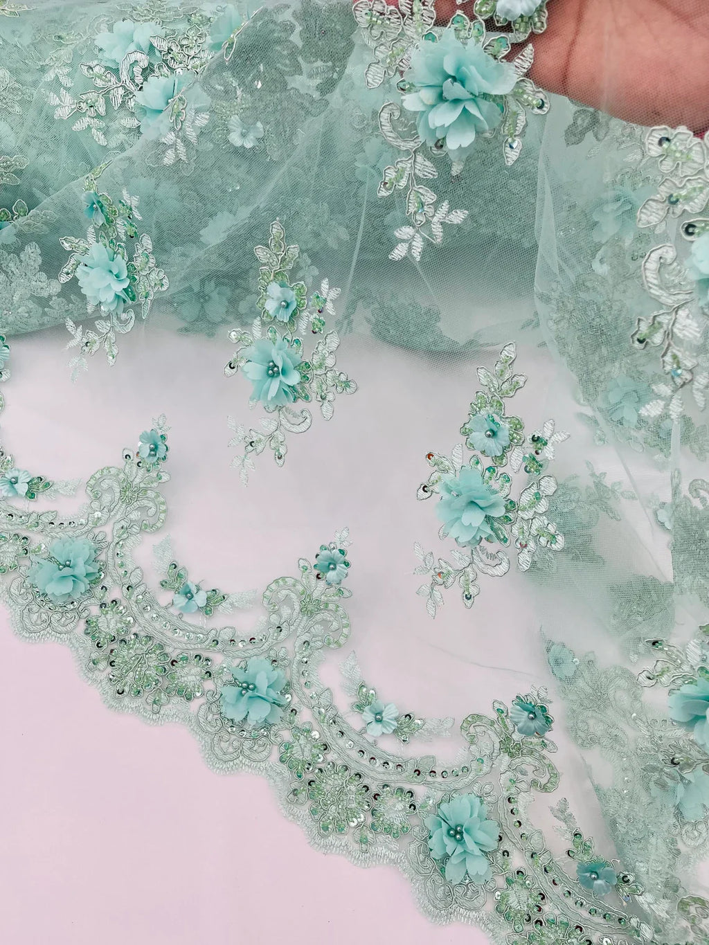 3D Floral Pearl Design - Mint - Floral Embroidered Pearls and Sequins Fabric By Yard