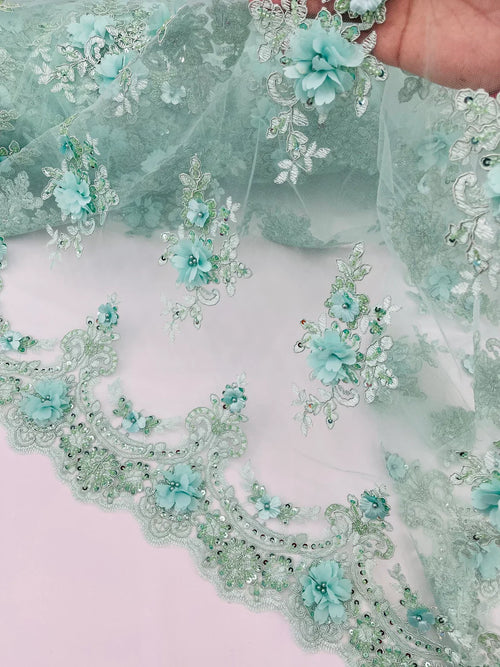 3D Floral Pearl Design - Mint - Floral Embroidered Pearls and Sequins Fabric By Yard