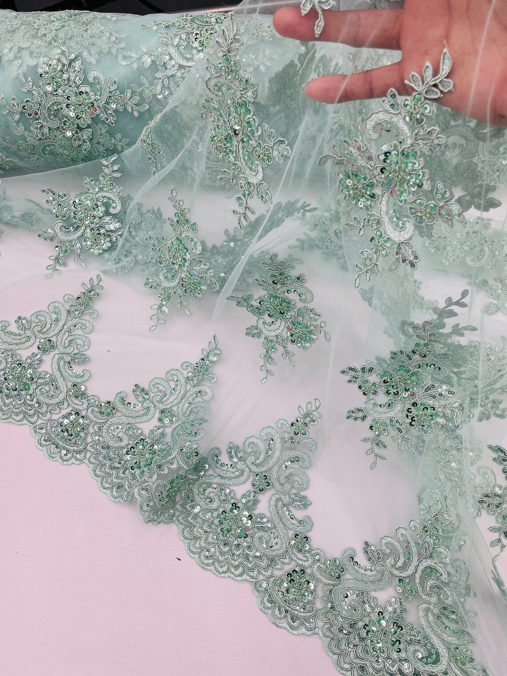 Beaded Floral Fabric - Mint - Floral Cluster Design Fabric with Damask Border by Yard