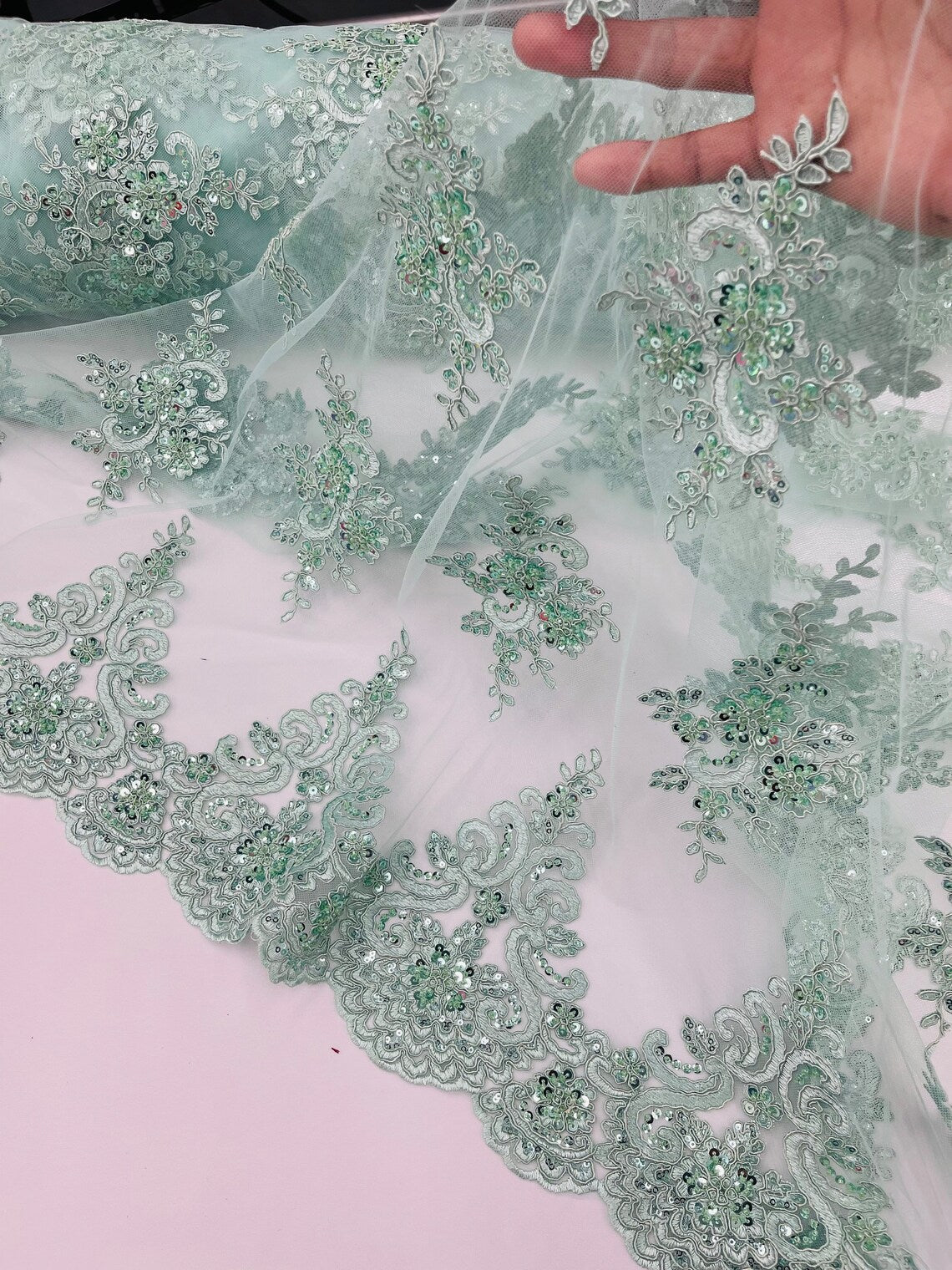 Beaded Floral Fabric - Mint - Floral Cluster Design Fabric with Damask Border by Yard