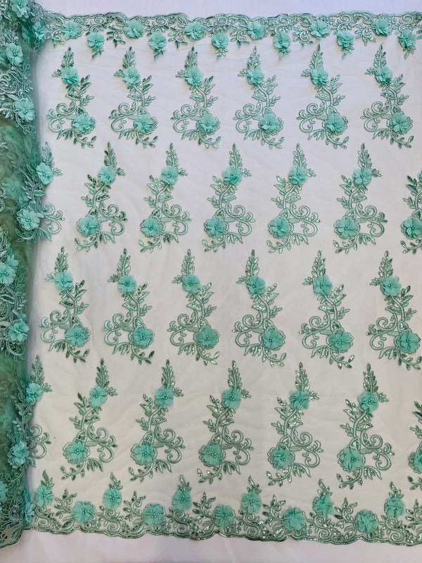 3D Flower Cluster Fabric - Mint - 3D Flower Leaf Design Fabric with Pearls Sold By Yard