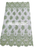 Round Flower Beaded Fabric - Mint - Embroidered Fashion Design Beads and Sequins On Mesh by The Yard