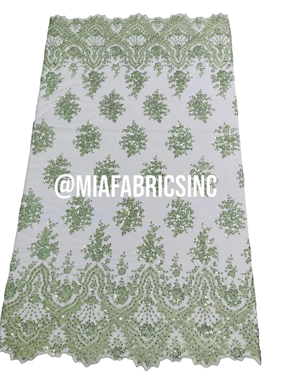 Round Flower Beaded Fabric - Mint - Embroidered Fashion Design Beads and Sequins On Mesh by The Yard