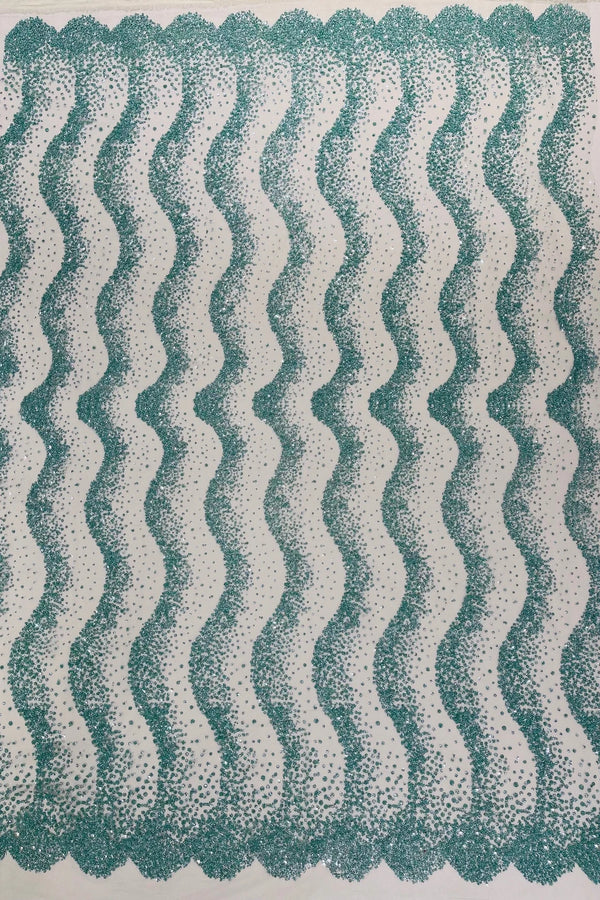 Mermaid Stripe Bead Design - Mint - Embroidered Beaded Mermaid Theme Mesh Fabric by Yard