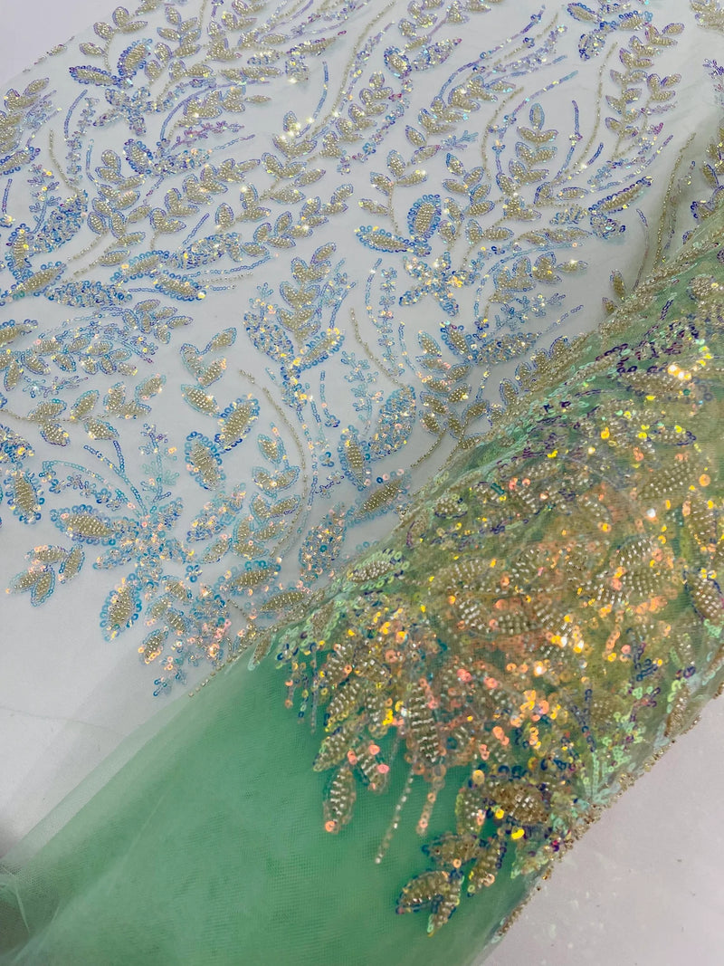 Clear Iridescent Leaf Design - Clear on Mint - Embroidered Beaded Sequins Mesh Fabric by Yard