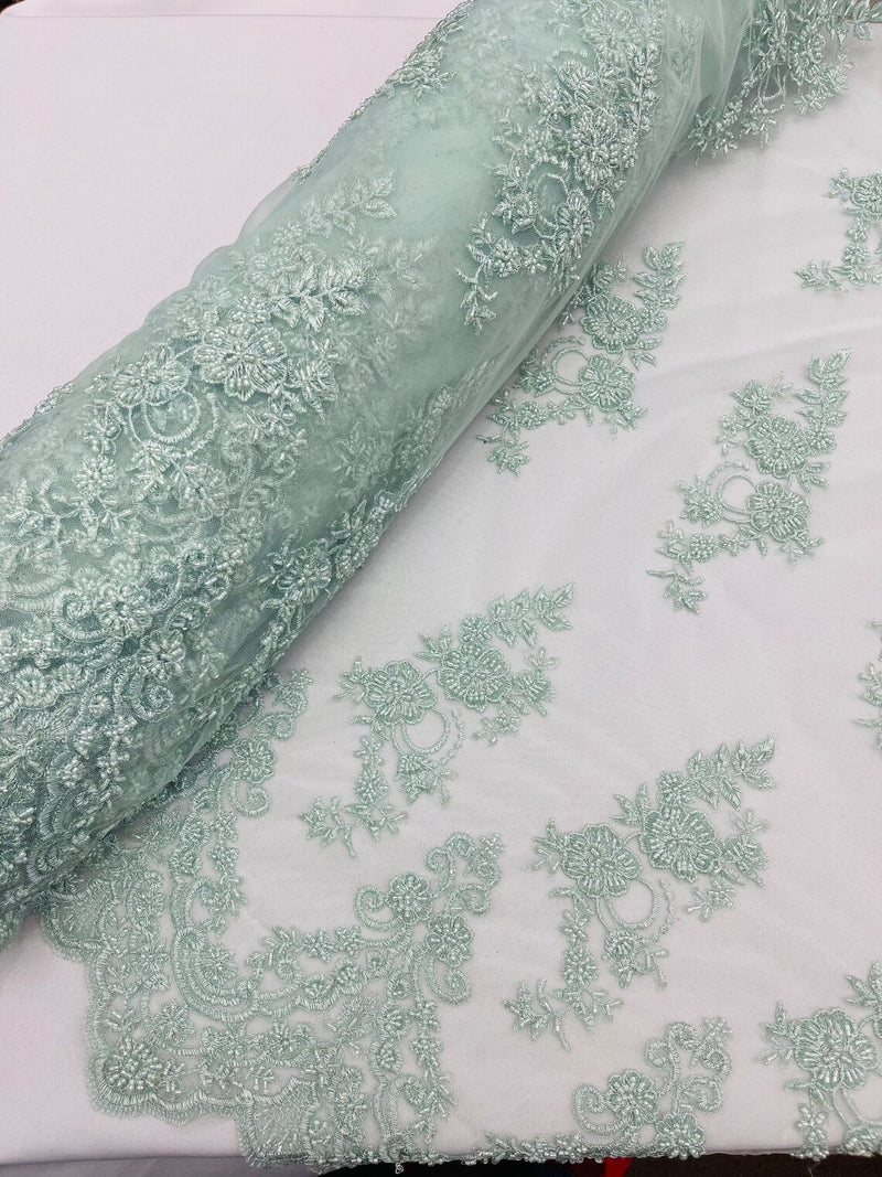 Beaded Floral Fabric - Mint - Embroidered Flower Cluster Beaded Fabric Sold By Yard